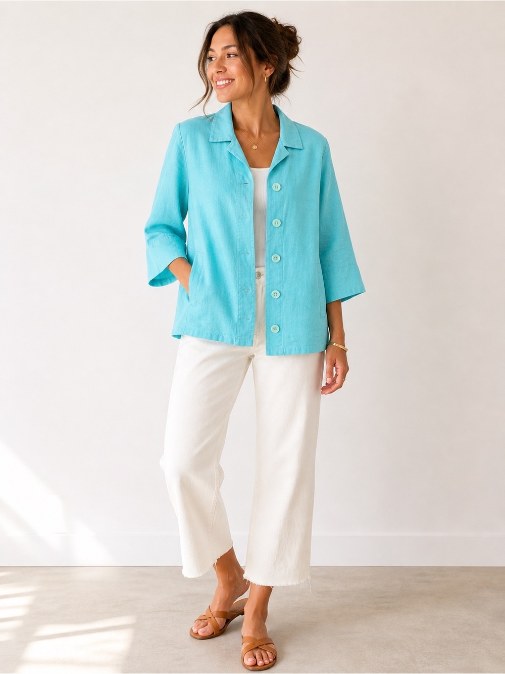 FLAX | Spa Blue European Linen Button-Front Shirt Jacket Easy Fit Top 3/4 Sleeve